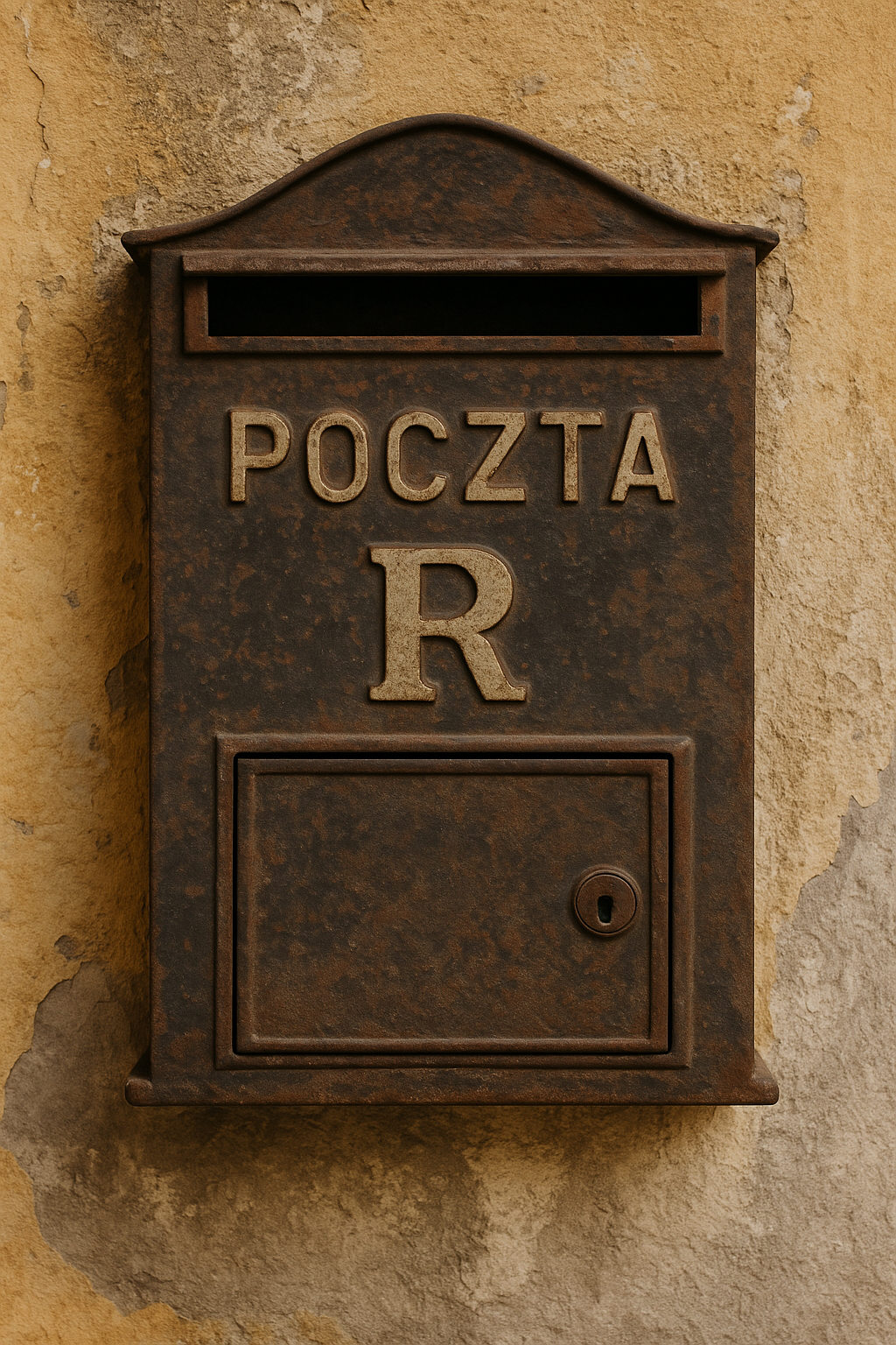 stara skrzynka pocztowa z literą R na tle zniszczonej ściany